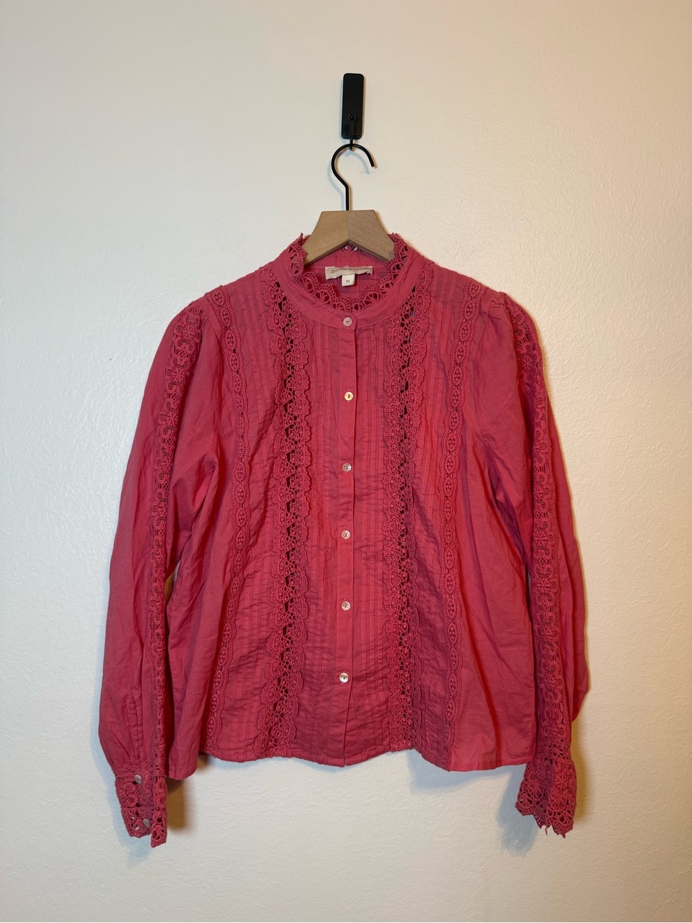 Jennifer & Grace Fuchsia High Neck Eyelet Crochet Lace Pintuck‎ Blouse